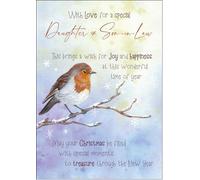 doodlecards Daughter and Son in Law Christmas Card Watercolour Robin In The Frost Medium Size Christmas Card for Daughter & Son-in-Law with Plain Envelope