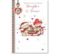doodlecards Daughter & Fiance Christmas Card Two Cute Bears on Sled Medium Size with Plain Red Envelope, 21 x 15cm