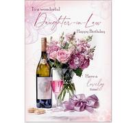 doodlecards Daughter-in-Law Birthday Card Roses and Red Wine Large A4 Size with Plain Envelope
