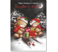 doodlecards Daughter & Partner Christmas Card Cute Bears at Night Medium Size with Plain Red Envelope