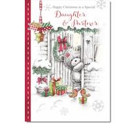 doodlecards Daughter & Partner Christmas Card Grey Bear in Snow Medium Size with Plain Red Envelope, 21 x 15cm