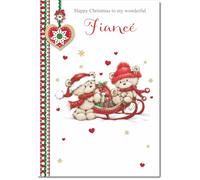 doodlecards Fiance Christmas Card Two Cute Bears on Sled Medium Size with Plain Red Envelope, 21 x 15cm