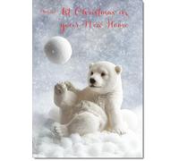 doodlecards First Christmas in New Home Christmas Card Polar Bear and Snowball Medium Size with Plain Red Envelope, 21 x 15cm