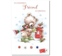 doodlecards Friend Christmas Card Cute Bear at Post Box Medium Size Christmas Card for Friend with Plain Envelope