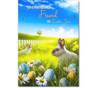 doodlecards Friend Easter Card Bunnies in Field Medium Size with Plain Envelope