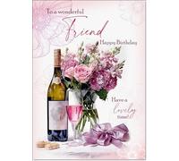 doodlecards Friend Female Birthday Card Roses and Red Wine Large A4 Size with Plain Envelope