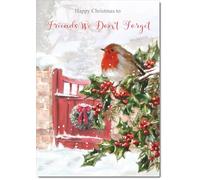 doodlecards Friends We Dont Forget Christmas Card Robin on Holly Tree Medium Size with Plain Envelope