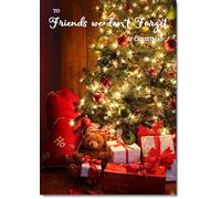 doodlecards Friends We Don't Forget Christmas Card Teddy by Christmas Tree Medium Size Christmas Card for Friends We Don't Forget with Plain Envelope