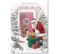 doodlecards From All The Family Christmas Card Santa with Parcels Medium Size Christmas Card for From All The Family with Plain Envelope