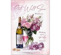 doodlecards Get Well Card Roses and Red Wine Large A4 Size with Plain Envelope