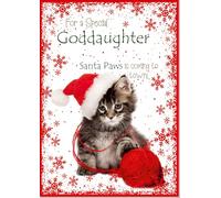 doodlecards Goddaughter Christmas Card Cute Santa Paws Kitten Cat Pet Medium Size with Plain Envelope