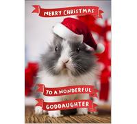 doodlecards Goddaughter Christmas Card Cute Santa Paws Rabbit Pet Christmas Hat Medium Size with Plain Envelope