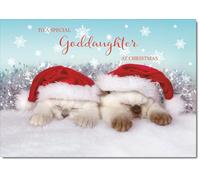 doodlecards Goddaughter Christmas Card Two Cats with Santa Hats Medium Size Christmas Card for Goddaughter with Plain Envelope