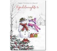 doodlecards Goddaughter Christmas Card Two Snowmen Medium Size with Plain Red Envelope