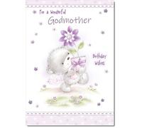 doodlecards Godmother Birthday Card Teddy and Flower