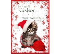 doodlecards Godson Christmas Card Cute Santa Paws Kitten Cat Pet Medium Size with Plain Envelope