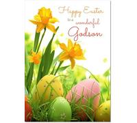 doodlecards Godson Easter Card Daffodils & Eggs Medium Size with Plain Envelope