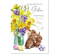 doodlecards Godson Easter Card Vase of Daffodils with Bunnies and Eggs Medium Size with Plain Envelope