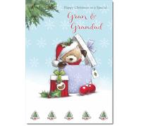 doodlecards Gran and Grandad Christmas Card Cute Bear Parcel Medium Size Christmas Card for Gran & Grandad with Plain Envelope