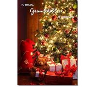 doodlecards Grandchildren Christmas Card Teddy by Christmas Tree Medium Size Christmas Card for Grandchildren with Plain Envelope