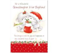 doodlecards Granddaughter and Boyfriend Christmas Card Cute Bears with Stocking Medium Size Christmas Card for Granddaughter & Boyfriend with Plain Envelope