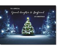 doodlecards Granddaughter and Boyfriend Christmas Card Tree in Dark Sky Medium Size Christmas Card for Granddaughter & Boyfriend with Plain Envelope