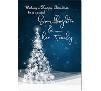 doodlecards Granddaughter and Family Christmas Card Blue Contemporary Christmas Tree Large A4 Size Christmas Card for Granddaughter & Family with Plain Envelope