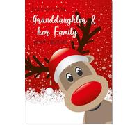 doodlecards Granddaughter and Family Christmas Card Rudolph in Snow | Medium Size. Includes Plain Envelope for Sending. Printed in the UK on Thick Italian Board. Eco Friendly 100% Recyclable.