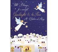 doodlecards Granddaughter and Fiance Christmas Card Nativity Scene Angels Bethlehem Medium Size Christmas Card for Granddaughter & Fiance with Plain Envelope