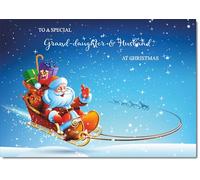 doodlecards Granddaughter and Husband Christmas Card Santas Sleigh Medium Size Christmas Card for Granddaughter & Husband with Plain Envelope