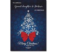 doodlecards Granddaughter and Partner Christmas Card Blue Abstract Christmas Tree Medium Size Christmas Card for Granddaughter & Partner with Plain Envelope