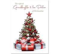 doodlecards Granddaughter and Partner Christmas Card Christmas Tree and Parcels Large A4 Size Christmas Card for Granddaughter & Partner with Plain Envelope