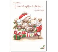 doodlecards Granddaughter and Partner Christmas Card Cute Bear on Bed Medium Size Christmas Card for Granddaughter & Partner with Plain Envelope