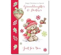 doodlecards Granddaughter and Partner Christmas Card Cute Bear with Red Hat Large A4 Size Christmas Card for Granddaughter & Partner with Plain Envelope