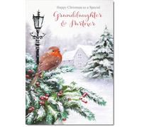 doodlecards Granddaughter and Partner Christmas Card Robin by Lamp Medium Size Christmas Card for Granddaughter & Partner with Plain Envelope