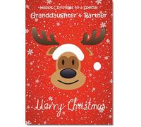 doodlecards Granddaughter and Partner Christmas Card Rudolph on Red Background Medium Size Christmas Card for Granddaughter & Partner with Plain Envelope