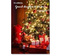 doodlecards Granddaughter and Partner Christmas Card Teddy by Christmas Tree Large A4 Size Christmas Card for Granddaughter & Partner with Plain Envelope