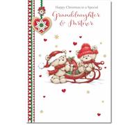 doodlecards Granddaughter and Partner Christmas Card Two Cute Bears on Sled Medium Size Christmas Card for Granddaughter & Partner with Plain Envelope