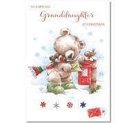 doodlecards Granddaughter Christmas Card Cute Bear at Post Box Medium Size Christmas Card for Granddaughter with Plain Envelope