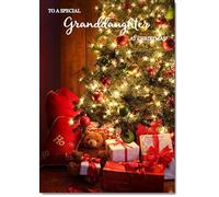 doodlecards Granddaughter Christmas Card Teddy by Christmas Tree Medium Size Christmas Card for Granddaughter with Plain Envelope
