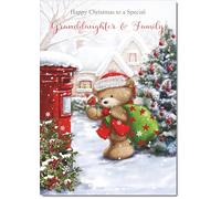 doodlecards Granddaughter & Family Christmas Card Cute Bear at Post Box Medium Size with Plain Envelope