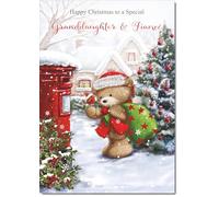 doodlecards Granddaughter & Fiance Christmas Card Cute Bear at Post Box Medium Size with Plain Red Envelope, 21 x 15cm