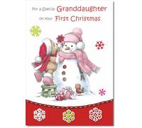 doodlecards Granddaughters 1st First Christmas Card Cute Bear with Snowman Medium Size Christmas Card for Granddaughters 1st with Plain Envelope