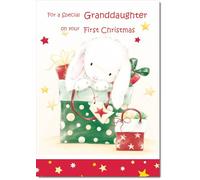 doodlecards Granddaughters 1st First Christmas Card Cute Rabbit with Parcels Medium Size Christmas Card for Granddaughters 1st with Plain Envelope