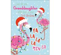 doodlecards Granddaughters 1st First Christmas Card Flamingo Christmas Tree Lights Medium Size Christmas Card for Granddaughters 1st with Plain Envelope