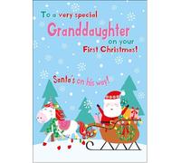 doodlecards Granddaughters 1st First Christmas Card Magic Santas Sleigh With Unicorn Medium Size Christmas Card for Granddaughters 1st with Plain Envelope
