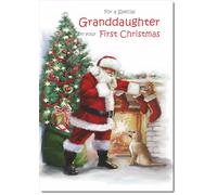 doodlecards Granddaughters 1st First Christmas Card Santa by Christmas Tree Medium Size Christmas Card for Granddaughters 1st with Plain Envelope