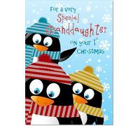 doodlecards Granddaughters 1st First Christmas Card Three Penquins Medium Size Christmas Card for Granddaughters 1st with Plain Envelope