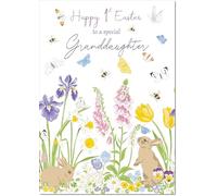 doodlecards Granddaughters 1st First Easter Card Spring Flowers with Bunnies Medium Size with Plain Envelope