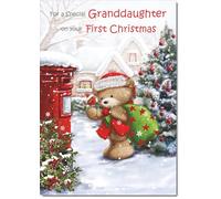 doodlecards Granddaughters First Christmas Card Cute Bear at Post Box Medium Size with Plain Red Envelope, 21 x 15cm